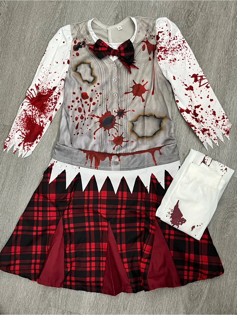 Girls S 7/8 Halloween Zombie Costume Blood Splatter Plaid Dress Knee High Socks